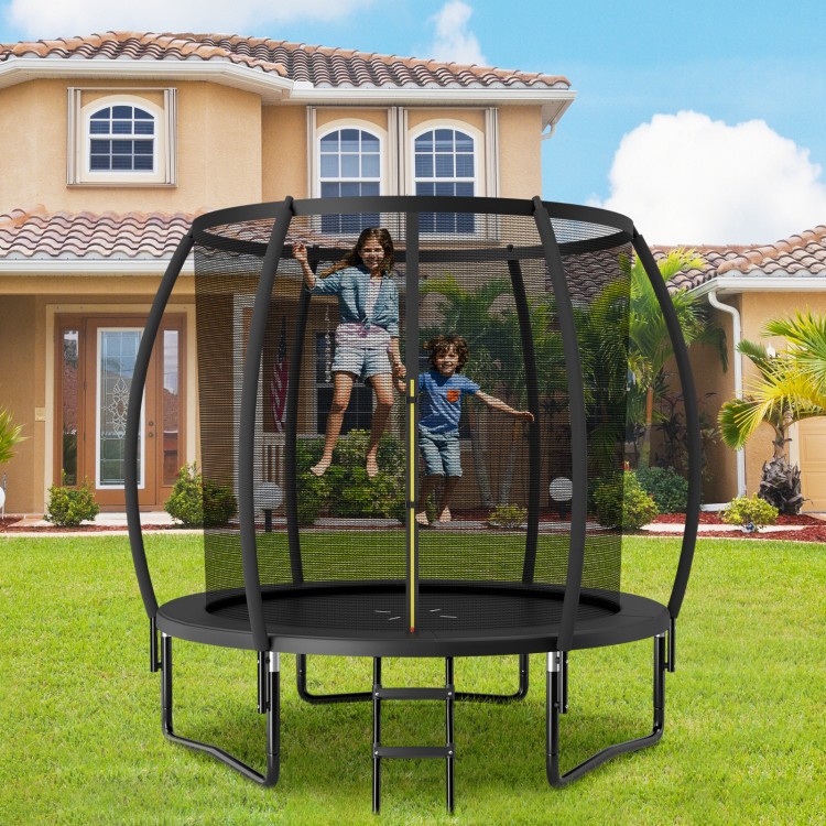 Children jumping on an 8-foot black trampoline with safety enclosure and ladder, perfect for outdoor fun.